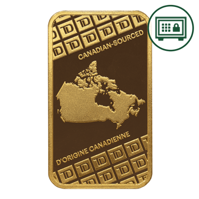 A picture of a 1oz TD Canadian-Sourced Fine Gold Bar - Secure Storage